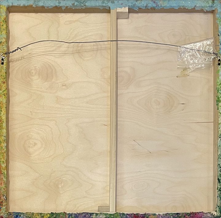 A painting of Field of Larkspur, 30 x 30 x 2 inches with a wire hanging from it.