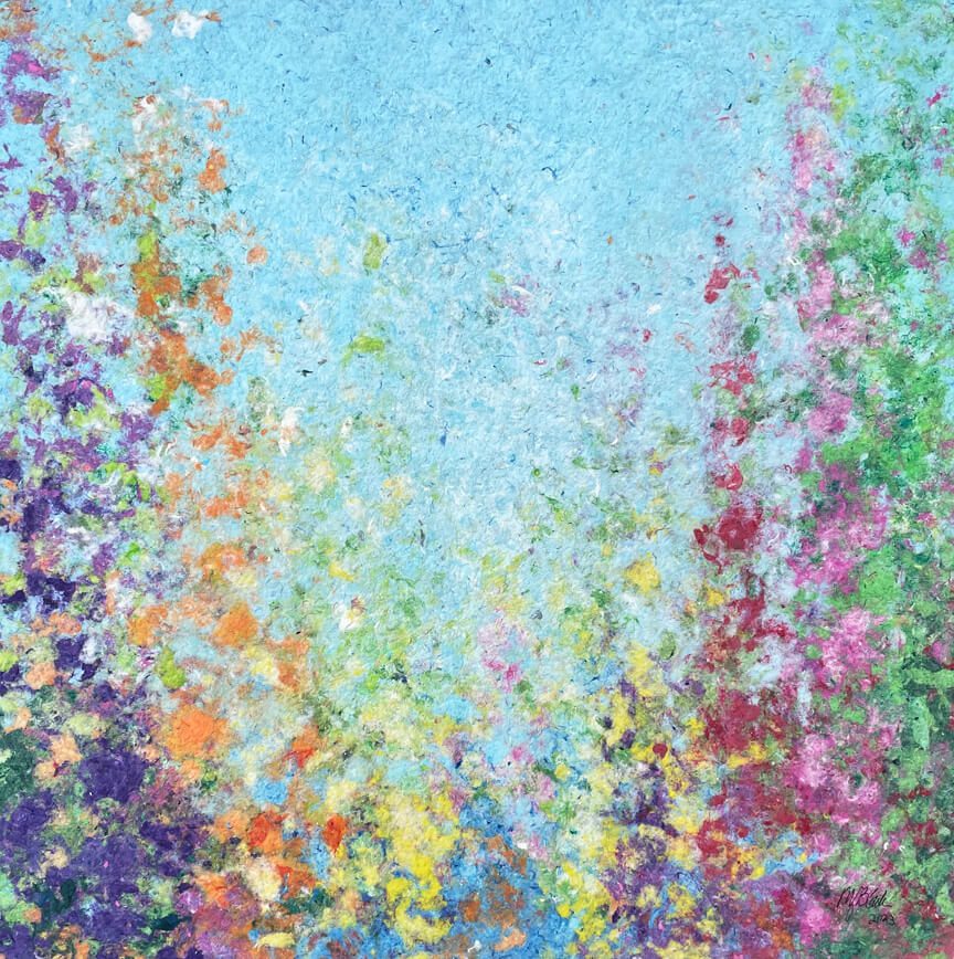 223, 226. August, Gladiolus, 20 x 20 x 2 inches, custom-made white-washed floater frame