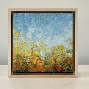 SOLD. Last burst of Marigolds, 7 x 7 x 1 inches, maple floater frame